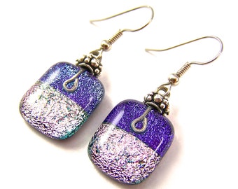 Dichroic Dangle Earrings - Purple Violet Pink Dichro Layered Fused Glass - Beaded - Surgical Steel French Wire or Clip On - 3/4"
