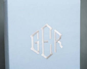 Blue Linen Adoption Baby Memory Book with Ivory Monogram 13 , baby album , baby gift , scrapbook , vintage stitch monogram , album