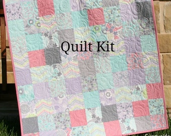 Baby Girl Quilt Kit, True Luck Stephanie Ryan for Moda Fabrics, Flowers in Grey Gray Blue Pink, Beginner Simple Patchwork DIY Shabby Chic