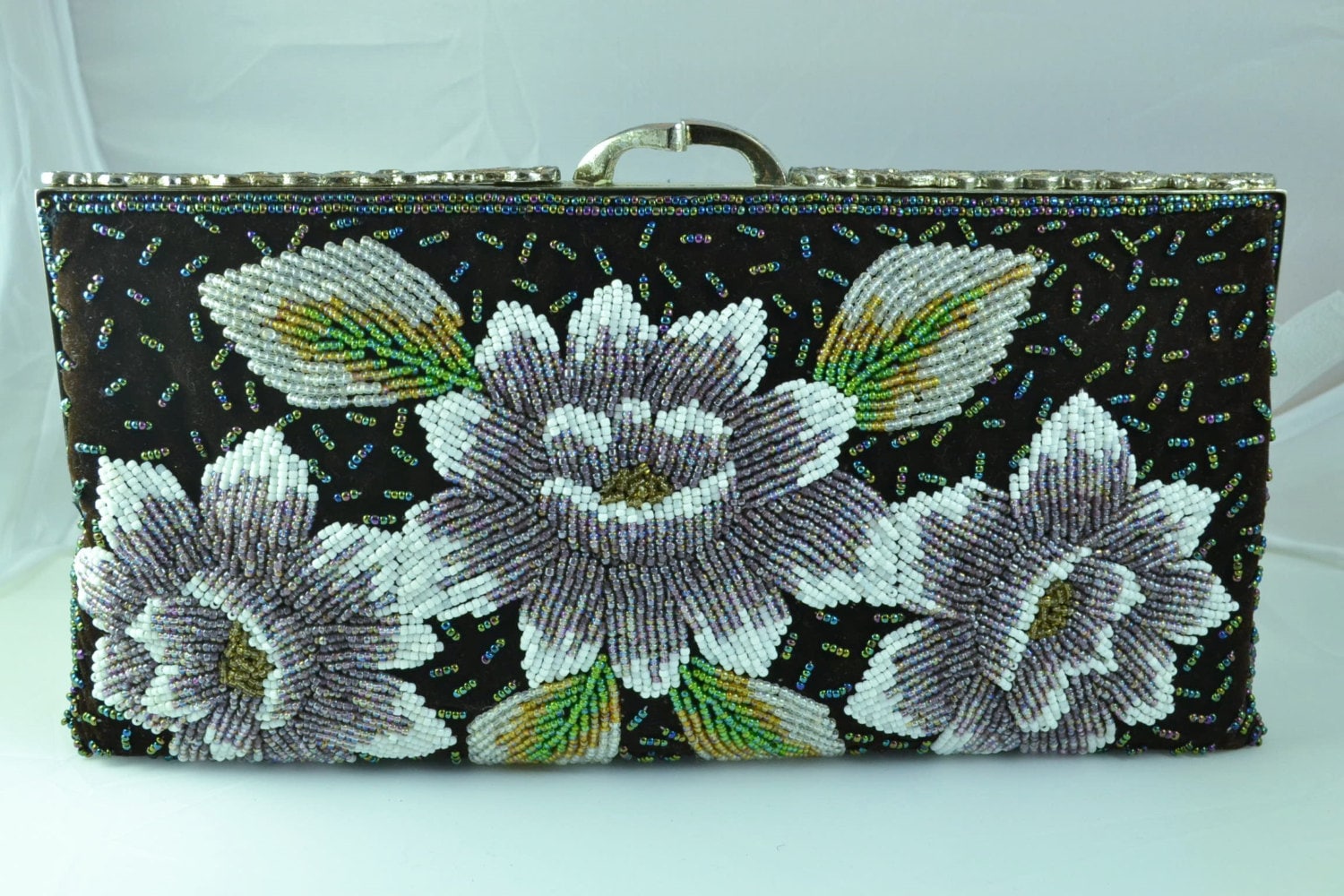 Vintage Beaded Floral Clutch Purse Evening Handbag Lavender