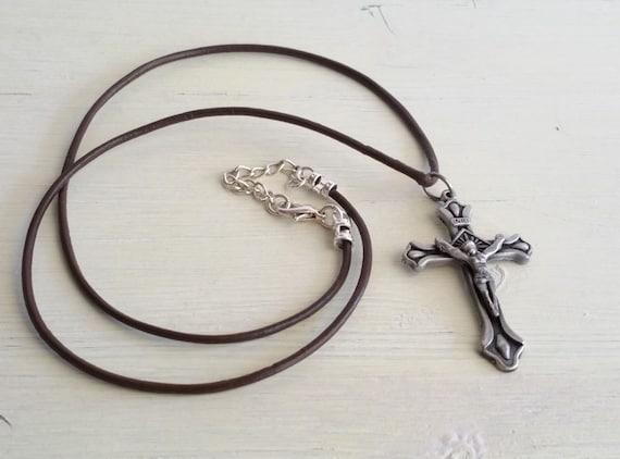 Men's necklace, Cross Necklace, Religious Necklace, Faith Necklace, Leather necklace