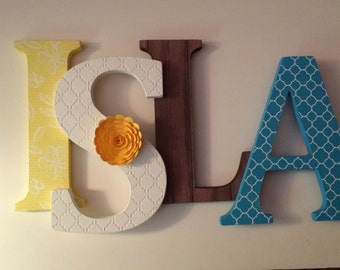 Wooden letters for nursery in rustic wood and lace.