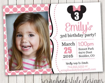 Minnie Mouse Birthday Invitations | Printable Girls Party Invites | Black and Pink Invite | Picture | Photo | First 1st Birthday Invitation