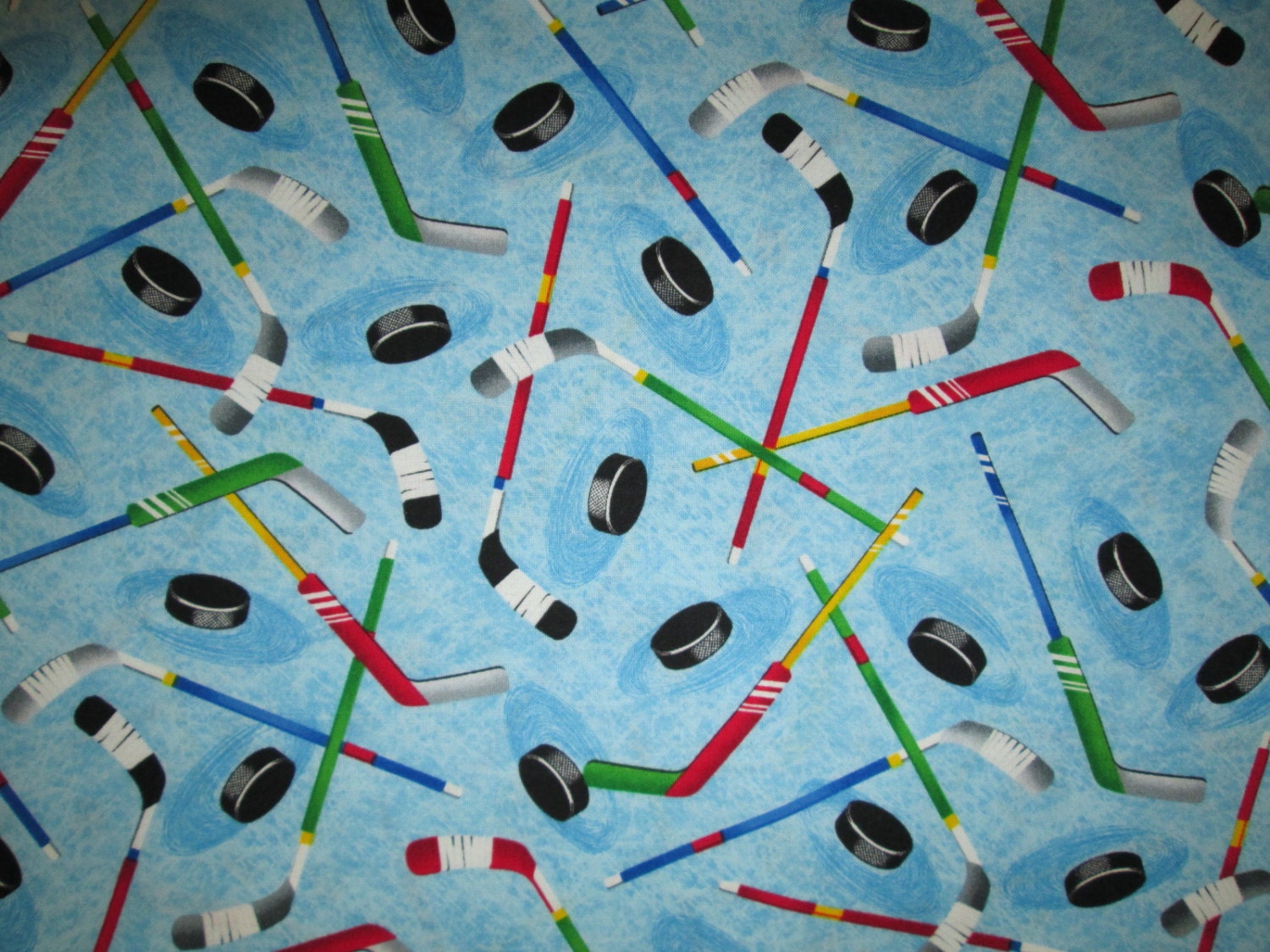 Hockey Sticks Pucks Sports Blue Cotton Fabric Fat Quarter or