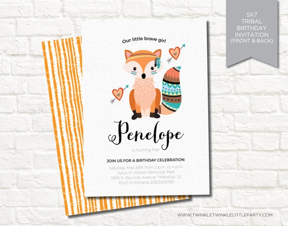 Girly Fox Tribal Birthday Party Digital Invitation Il_570xn