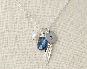 Gurdian Angel Necklace with a Birthstone, Pearl and Initial Disc, Personalized Necklace, Silver Necklace, Angel Wing, Bridesmaid Gift