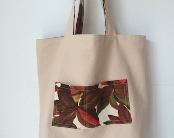 Handmade totebag, reversible, made of a vintage Boussac curtain fabric and beige canvas curtain