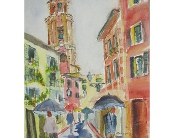 A Rainy Day in Rapallo, Italy - an Original Watercolor