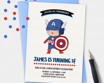 Captain American Invitation, birthday invitation, kids invitation, Custom invitation, party invitation, first birthday, superhero invitation
