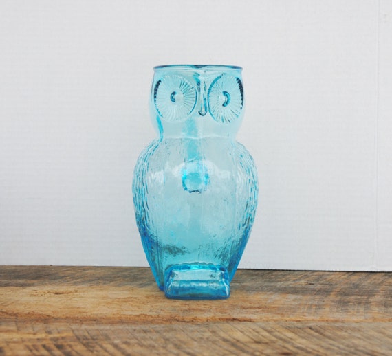 Vintage Blue Glass Owl Pitcher Decorative Home Decor