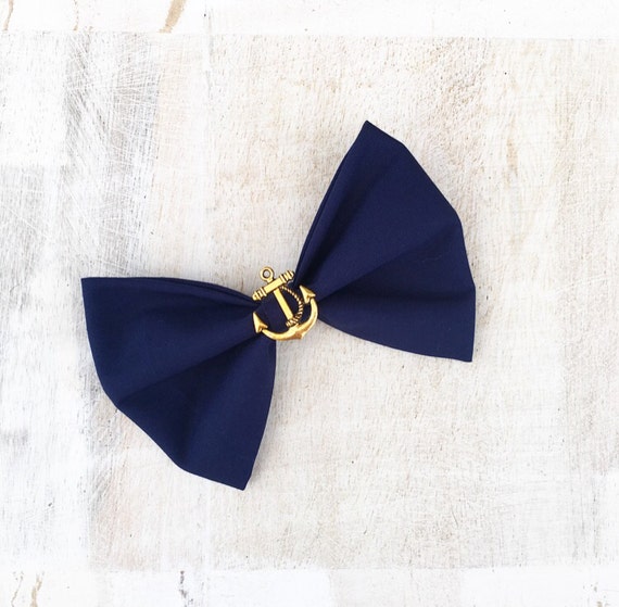 Navy Blue Nautical hair bow on clip with Gold Vintage Anchor