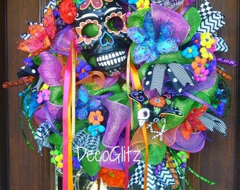 DAY of the DEAD WREATH with Black Sugar Skull Mask Día de los Muertos