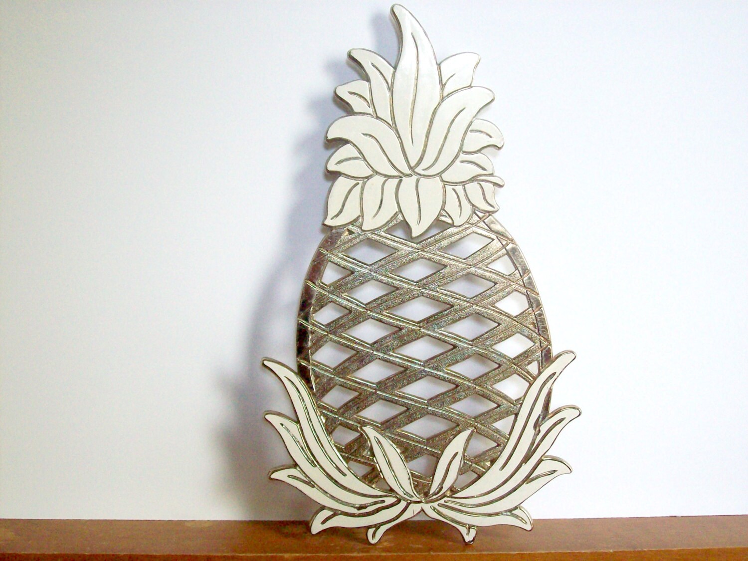 Vintage Brass Pineapple Trivet Gold Toned with Ivory Enamel