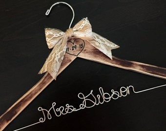 Rustic Bridal Hanger, Weddding Hanger, Shabby Chic Bride Hanger, Brides Name Hanger, Distressed Hanger, Rustic Wedding, Engraved Hanger