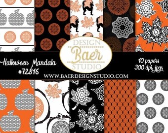 HALLOWEEN DIGITAL PAPER:Halloween Mandala Digital Paper, Black/Orange Digital Paper, Pumpkin Digital Paper, Black Cat Digital Paper, #70516