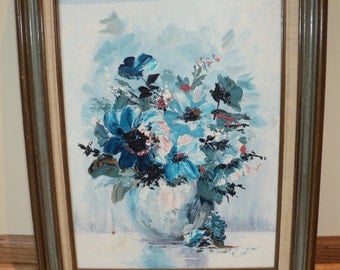 Original Floral Still Life Oil Painting of a Bouquet of Blue Roses, Mid Century Modern Abstract Art Style style signed by The Artist