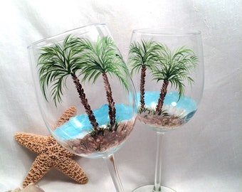 Beach theme palm tree pair of hand painted wine glasses