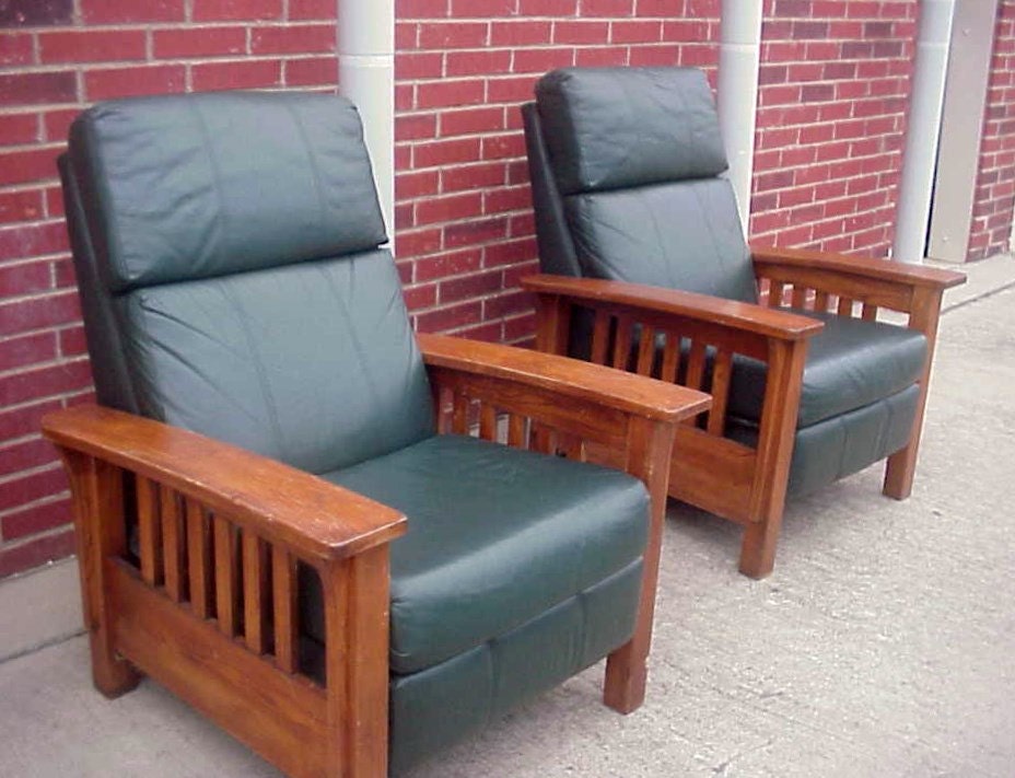 Lane Mission Oak Craftsmen Leather Recliners Pair Haute Juice