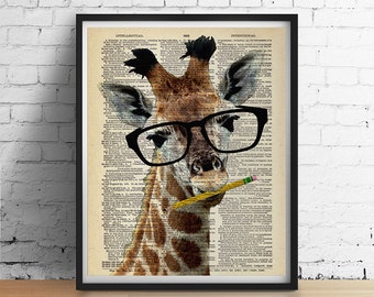 Brainy GIRAFFE Dictionary Art Print, Dorm Decor Teachers Gifts, Animal Wearing Glasses Antique Dictionary Book Page, Wall Art Poster Giclee