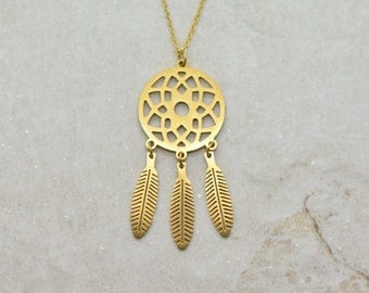 Dream Catcher Necklace, Brushed 24k Gold Plated Stainless Steel, Dainty Minimal Layering Layered Long Necklaces