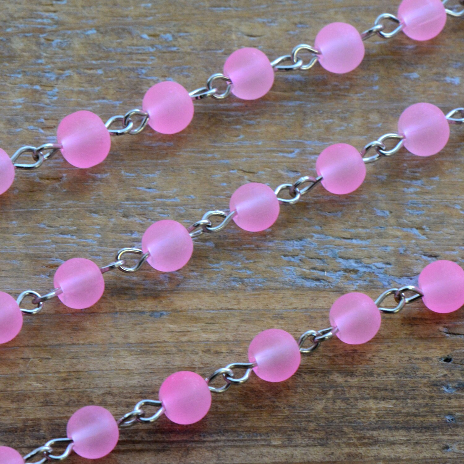 Glass Bead Chain Round Bright PINK Bead Necklace Chain 6mm