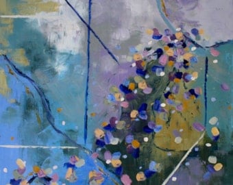Original Abstract Oil Painting / 30 X 30 / Palette Knife in Lavender, Green, Blue, and Gold