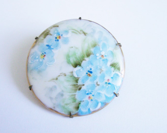 Victorian Blue Hand Painted Floral Porcelain Brooch / Vintage Jewelry / Jewellery