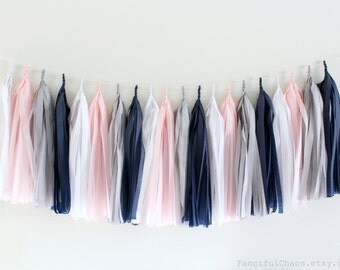Blush Pink, Grey, White, Navy Blue Tissue Paper Tassel Garland- Wedding, Birthday, Bridal Shower, Baby Shower, Garden Party Decorations