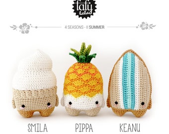4 seasons: SUMMER (ice cream, pineapple, surfboard) • lalylala crochet pattern / amigurumi