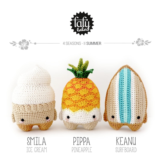 4 seasons: SUMMER (ice cream, pineapple, surfboard) • lalylala crochet pattern / amigurumi