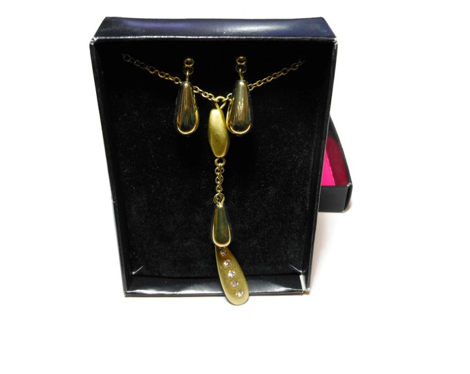 FREE SHIPPING SAQ necklace earrings, original box, asymmetrical chain, gold tear drop earrings, links on chain, bottom drop rhinestones