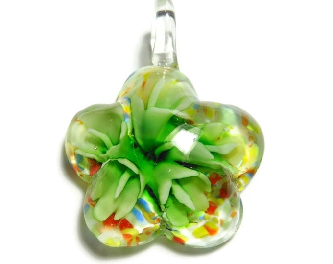 Pendant, lampwork glass, multicolored with copper-colored foil, 45x34mm single-sided domed flower. Sold individually.