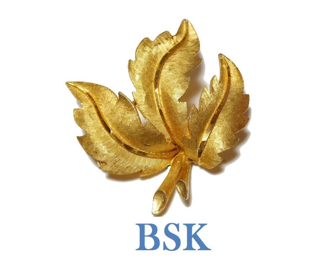 FREE SHIPPING BSK leaf brooch, figural leaf pin with veins, brushed gold with satin tone veins, gold plated, finely detailed