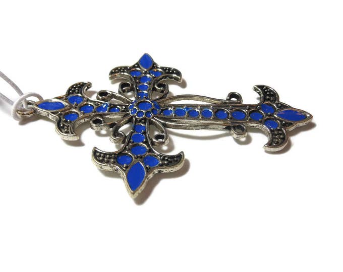 Large blue cross pendant, Blue Moon Beads®, silver finished pewter, 68x52mm cross, blue enamel, ornate fleury cross, heraldic Holy Trinity