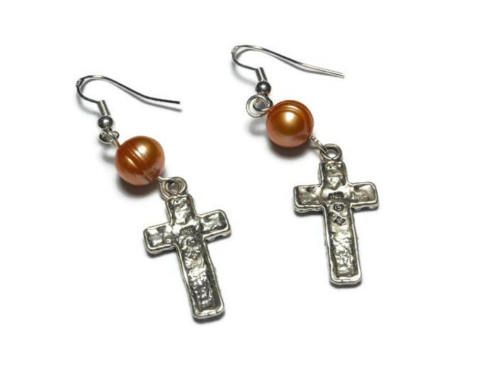 Sterling cross earrings, handmade sterling silver cross and a peach cultured pearl on sterling french hooks, cross pierced dangle earrings.