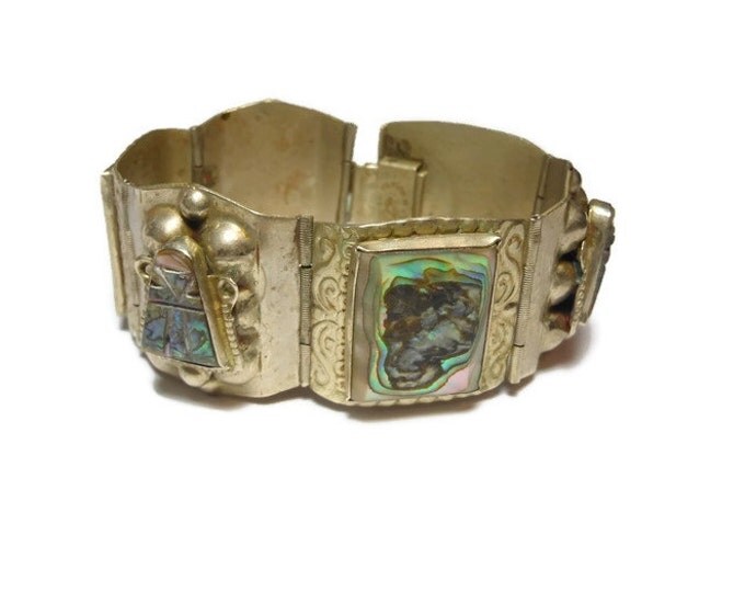 FREE SHIPPING Mexican bracelet, abalone Aztec mask inserts, silver etched link panels marked Hecho en Mexico, Mexico City mark Mexican Eagle