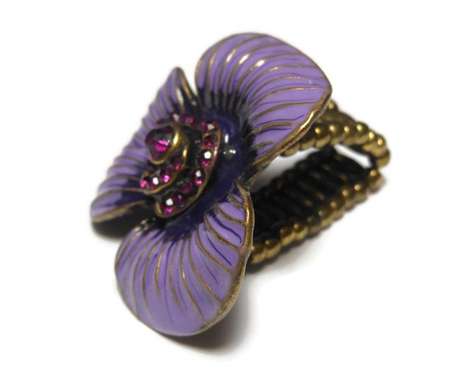 Large flower cocktail ring, purple enamel petals, gold veins, amethyst rhinestone center surrounded by pave rhinestones, stretch floral