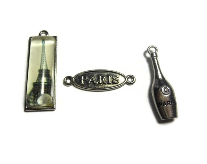 Paris charm set, Blue Moon Beads, Trinkets Shoppe antiqued silver-finished pewter, three charms, connector, resin Eiffel tower, wine bottle