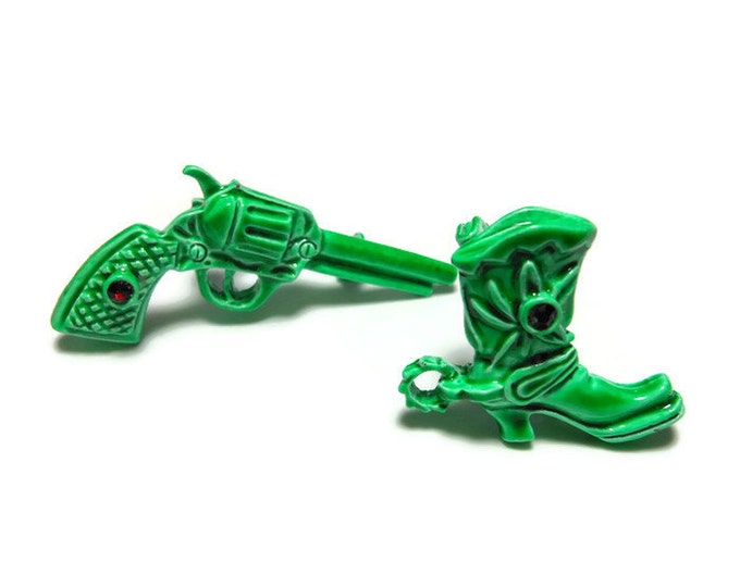 Gerry's pistol and boots scatter pins, rare bright green gun and western style boot with spurs brooches, ruby red rhinestone, tie tacks pins