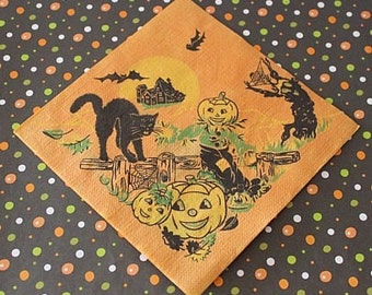 Vintage HALLOWEEN Paper NAPKIN - Hissing Black Cat & Jack O' Lanterns - 1950s (UNUSED)
