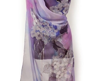 New collection/Violet painting floral chiffon scarf/Hand painted silk shawl/Long luxury lila scarf/Luxury accessory/Painting by nahd/S0211
