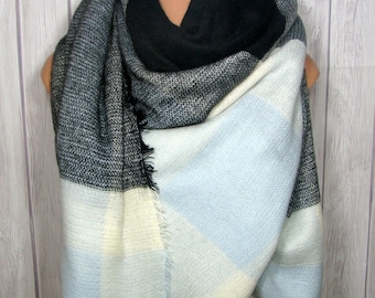 Thursday SALE Blanket Scarf, Sky Light Blue, Gray, Black, White, Zara Tartan Inspired, Women's Oversized Large Winter Scarves