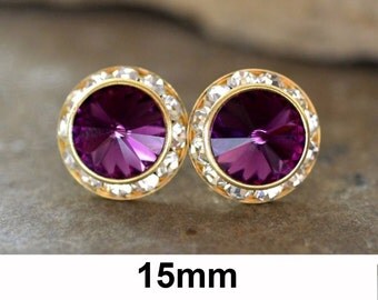 Amethyst Studs, February Birthstone, Gold Surrounds, Swarovski, 15mm, Rhinestone Stud, Purple Earrings, Large Crystal Studs, Flat Back