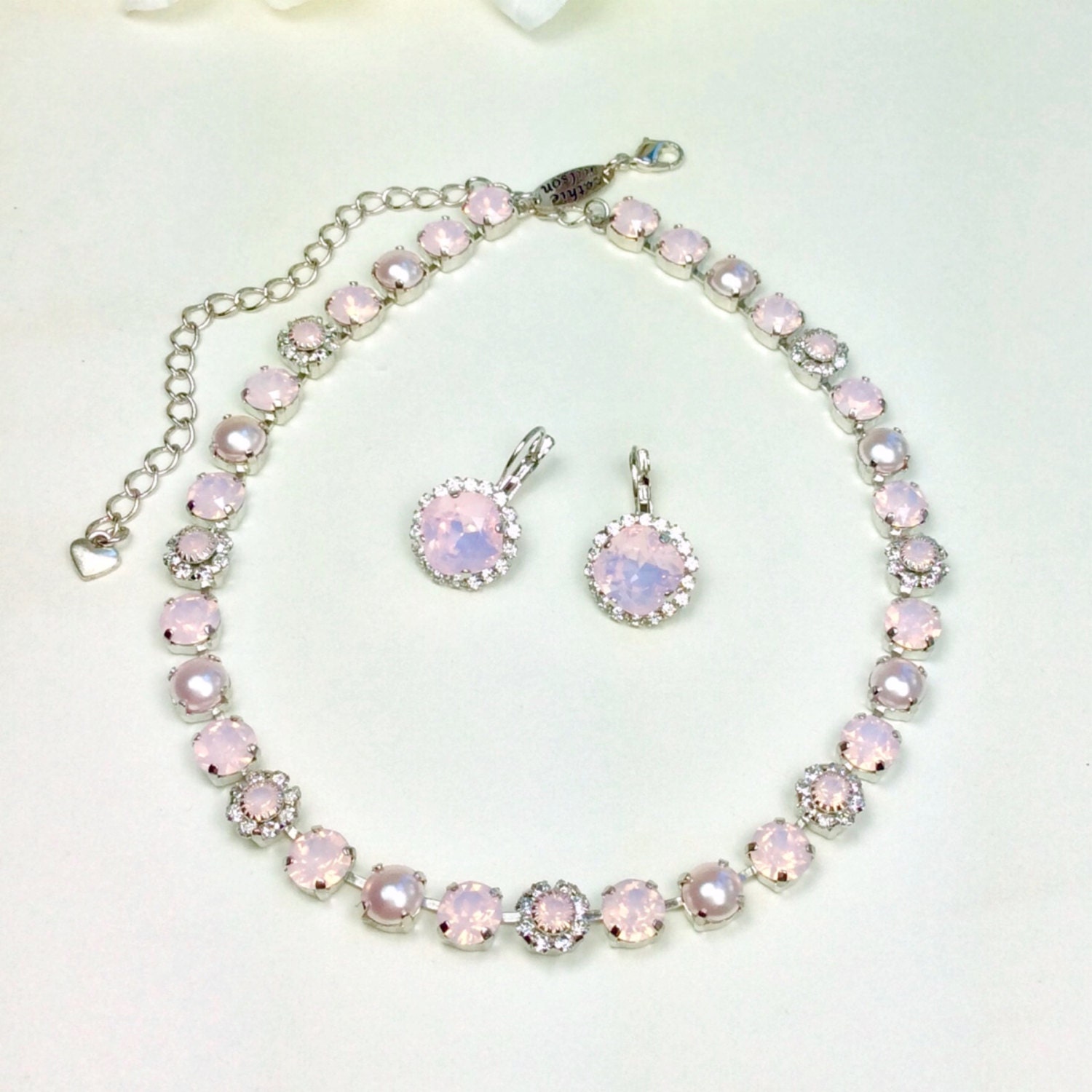 Swarovski Crystal 8.5mm Necklace  - One Of A Kind  - " Pale Pink Petals "  - Feminine Flowers - FREE SHIPPING