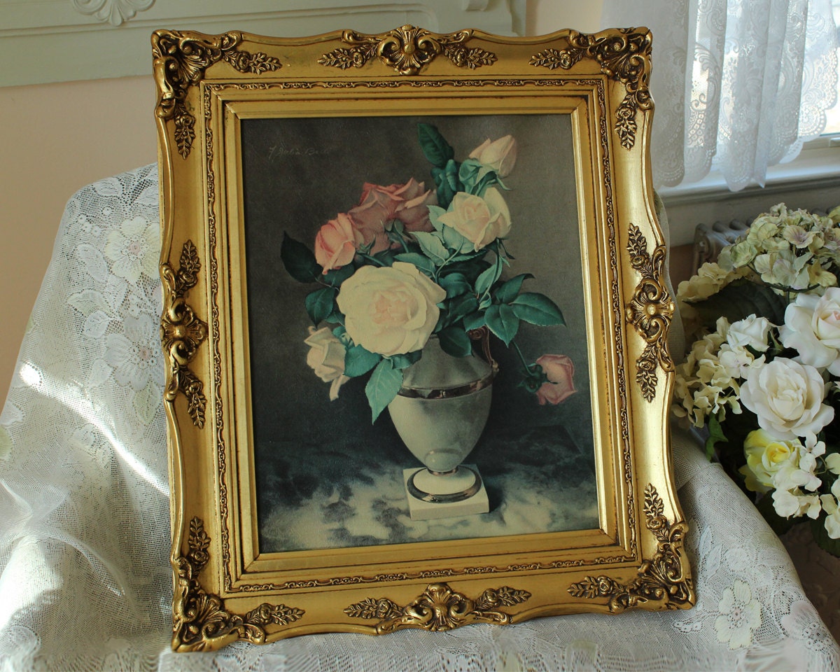 Large Ornate Gold Frame with Roses Print Vintage Gold Frame