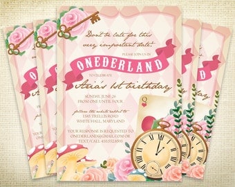 PRINTABLE Onederland First Birthday Party Invitation - Alice in Wonderland Invite