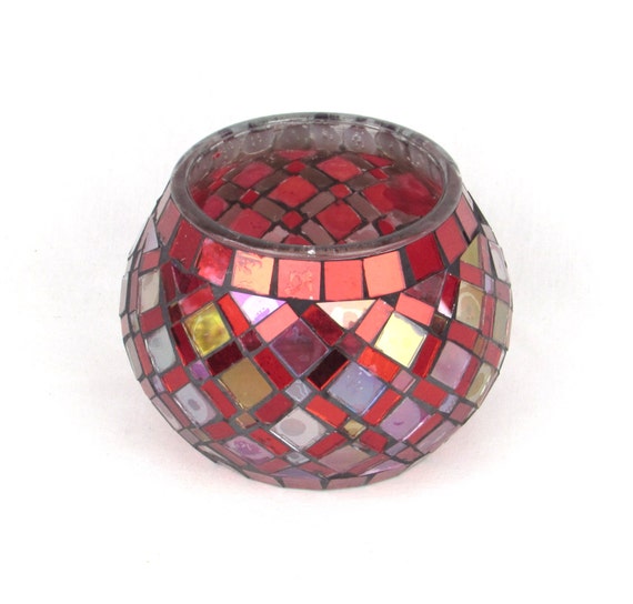 Large Round Red Mosaic Stained Glass Candle Holder