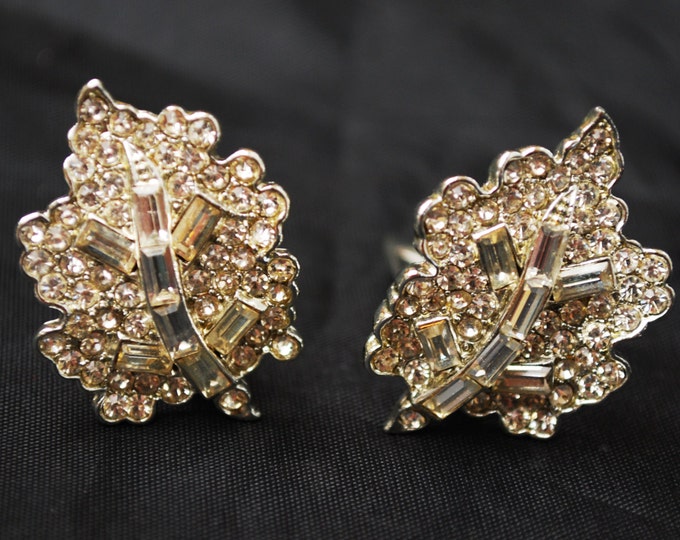 Clear Rhinestone earrings - open back silver - Floral Leaf - Clip on Earrings