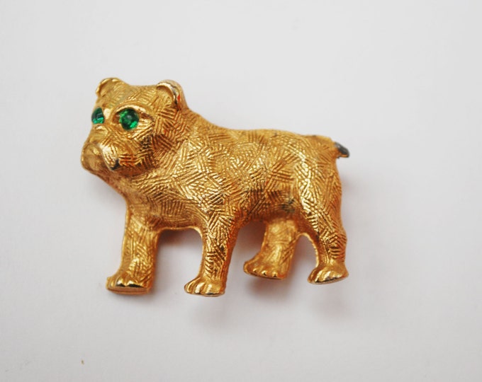 Dog brooch gold tone green rhinestone pit bull bull dog figurine pin