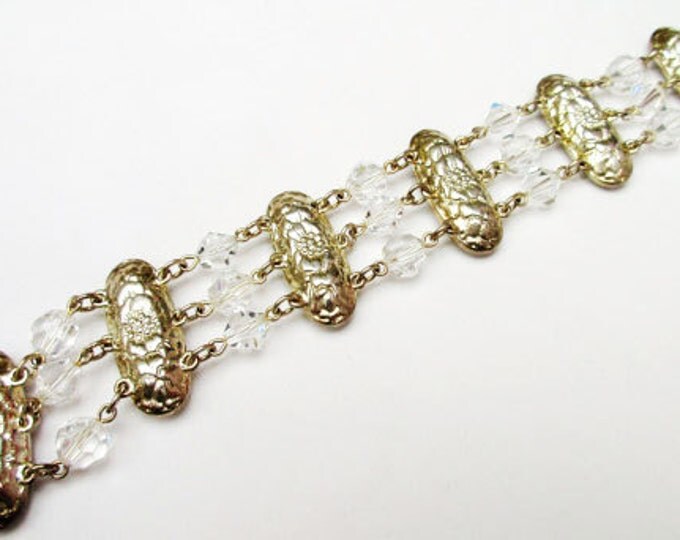 Wide Vintage Crystal Bracelet with facet cut oval crystals gold tone setting with crystal beads wedding bride